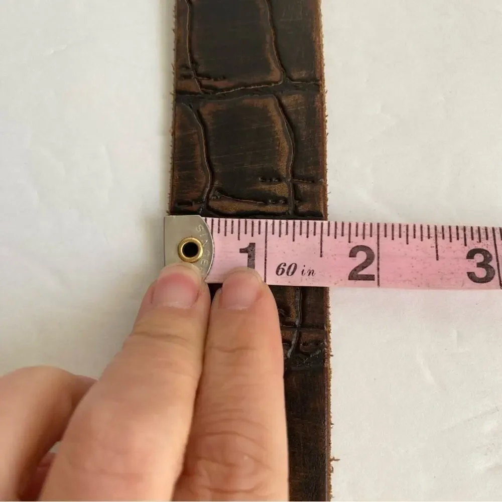 Brown Italian Leather Belt Mock Croc Embossed Statement Silver Buckle Mens Large